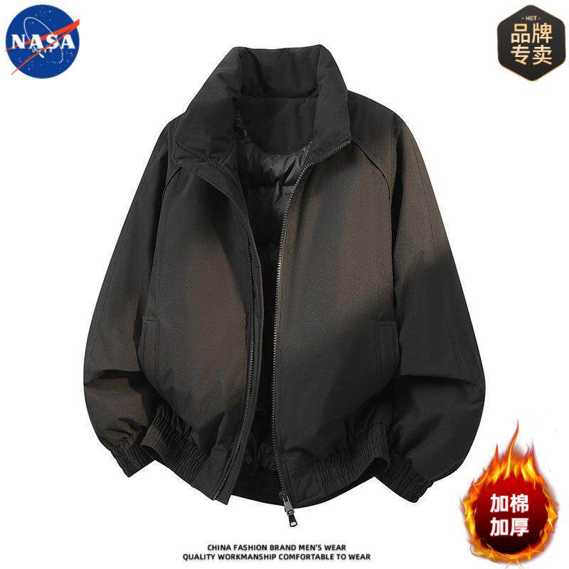 NASA品牌美式高质量棉衣男款冬季加棉加厚保暖纯色痞帅棉服外套潮