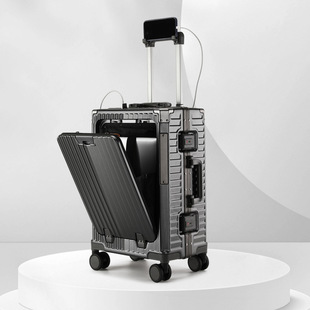 多功能前开口行李箱pc铝框20寸登机箱密码旅行箱可充电拉杆箱