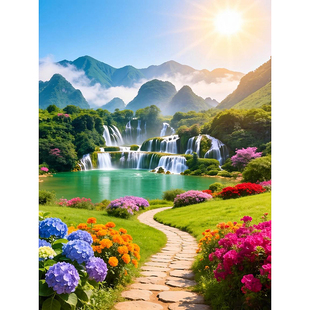 瀑布湖泊金山草地花园自然风景山水画聚宝盆日照金山财源滚滚贴画