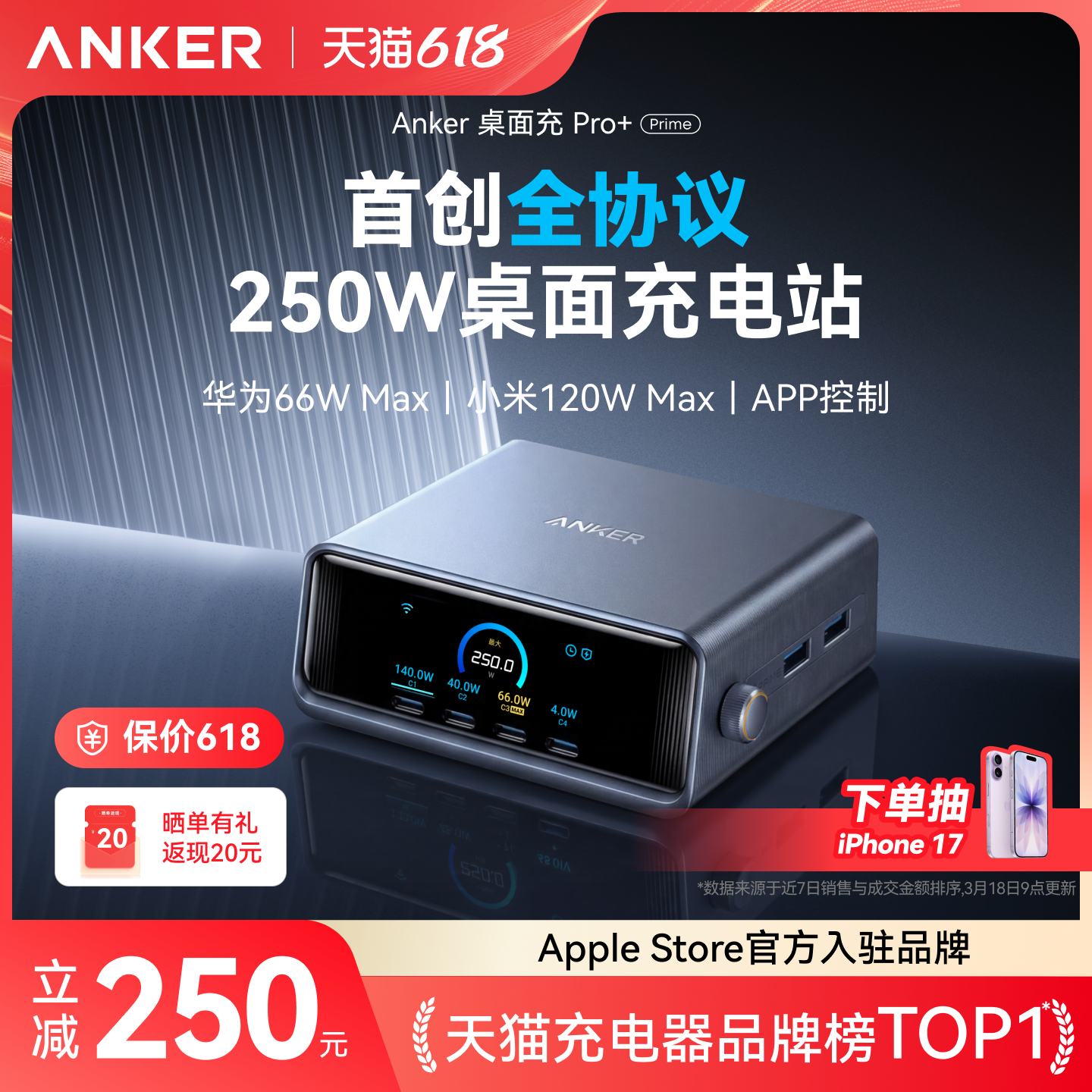 Anker Prime安克250W桌面充电站氮化镓全协议智能屏显适用华为小米苹果笔记本电脑通用充电器多口快充充电站