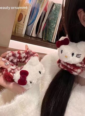可爱少女毛绒kt猫格子大肠发圈日韩低马尾头绳不伤发发绳皮筋发饰