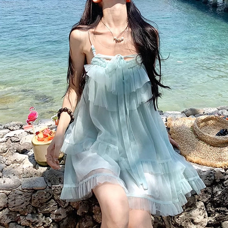 清新甜美《海盐夏日》夏季吊带连衣裙女度假风仙女短裙显瘦一字领