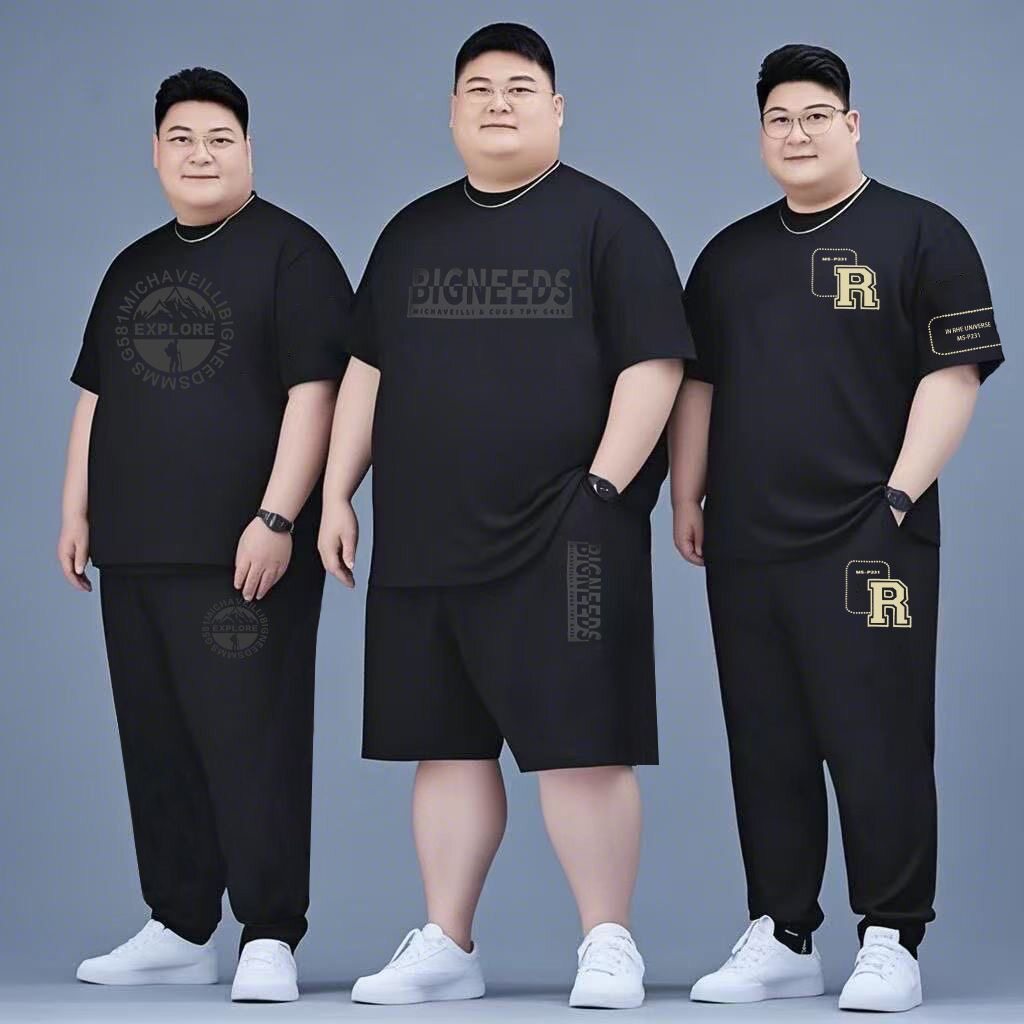 冰丝短袖t恤男士加肥加大夏季薄款胖子休闲速干短裤运动套装潮流