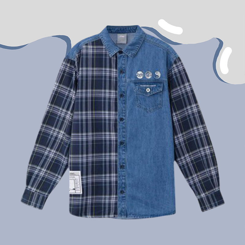 李宁正品外套男子秋季衬衫新款潮流拼接格子开衫牛仔外套ASHR087