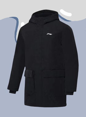 李宁冬季新品运动系列男子外穿休闲保暖连帽中长款棉服AFMR013