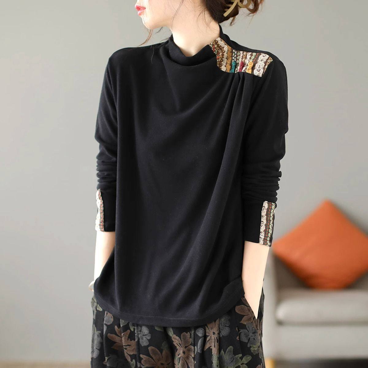 秋冬大码复古文艺双面德绒盘扣贴布半高领打底衫女长袖T恤上衣潮,女装/女士精品,T恤,淘宝优惠券,粉丝福利购,淘宝优惠卷