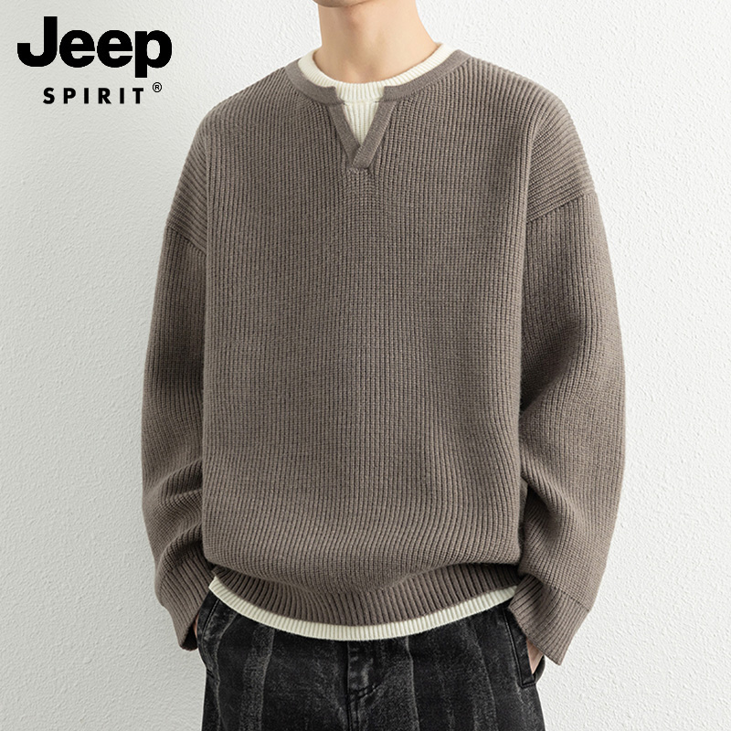 jeepspirit假两件圆领毛衣男士日系休闲秋冬加厚可外穿慵懒针织衫