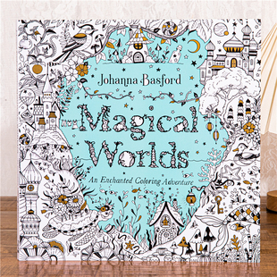 英文版 Worlds成人减压解压涂色画本 魔法世界涂色书填色本Magical