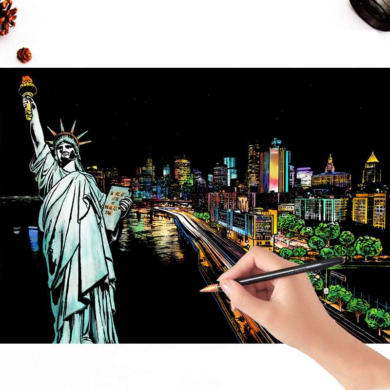 DIY城市夜景刮画纸A4手工画16开