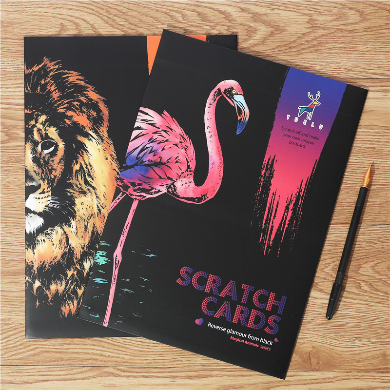 a4动物彩色刮画diy手工刮刮画夜景刮画卡通儿童刮画本刮画纸玩具