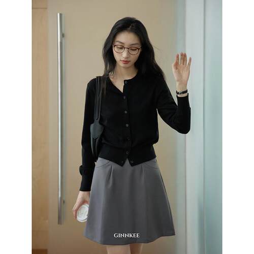 GINNKEE 简约气质通勤美丽奴羊毛正肩圆领针织开衫女春秋长袖上衣