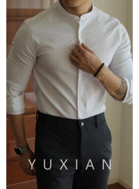 CHANGKE&KECHANGKE&KE暗条纹色织抗皱男士长袖衬衫微弹修身休闲商