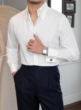 CHANG@KE通勤长袖白色衬衫英伦绅装法式扣大尖领抗皱修身衬衣潮男