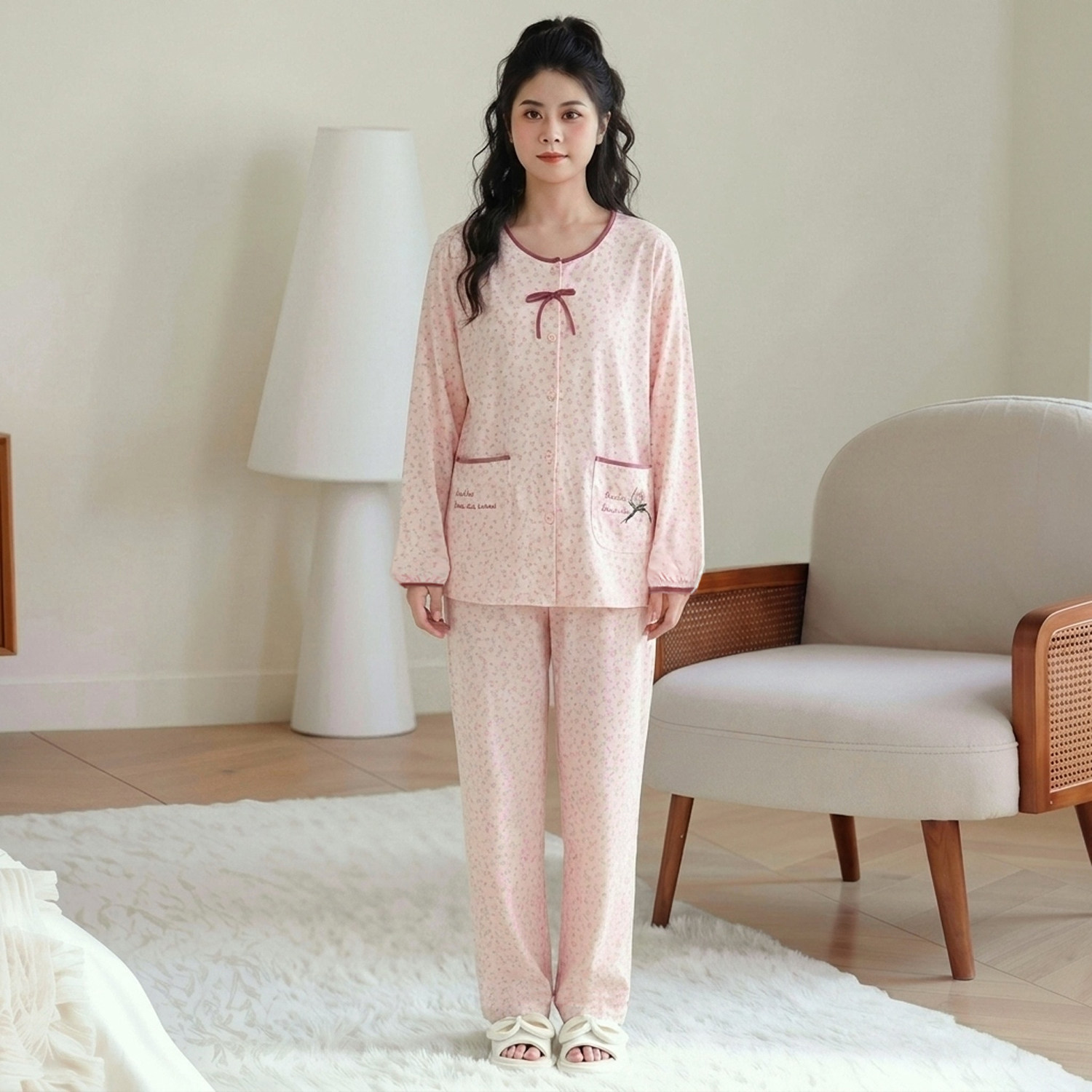 秋冬装纯棉可外穿收口长袖睡衣女