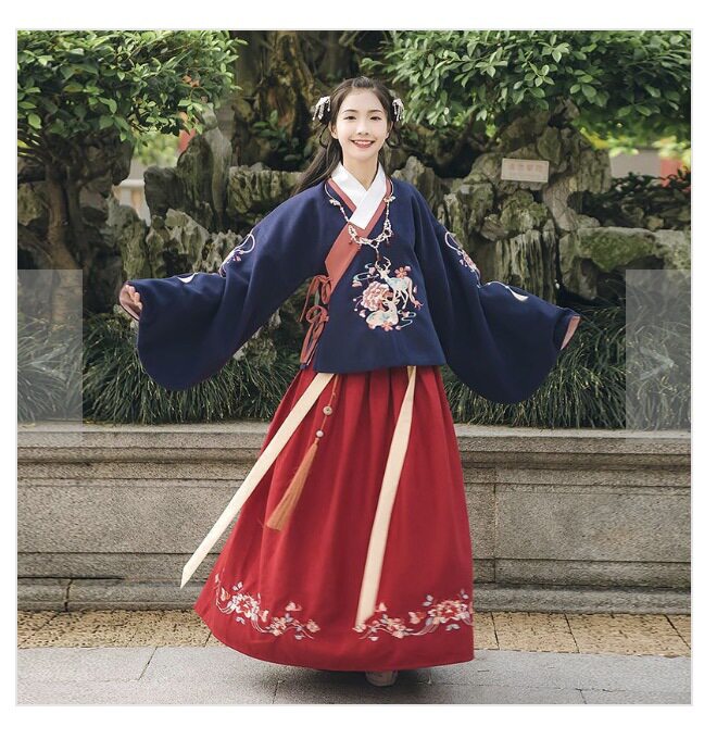 出租春秋汉服改良女装绣花明制交领袄襦裙琵琶袖学生班服日常灵鹿