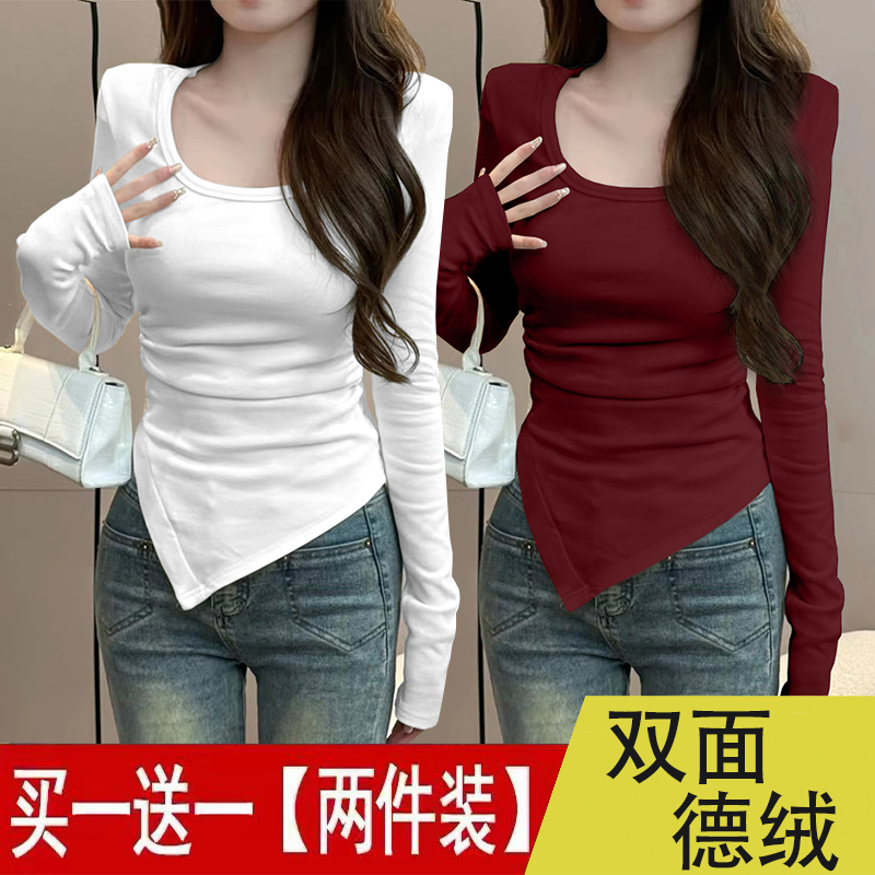 辣妹u领长袖德绒保暖上衣打底衫