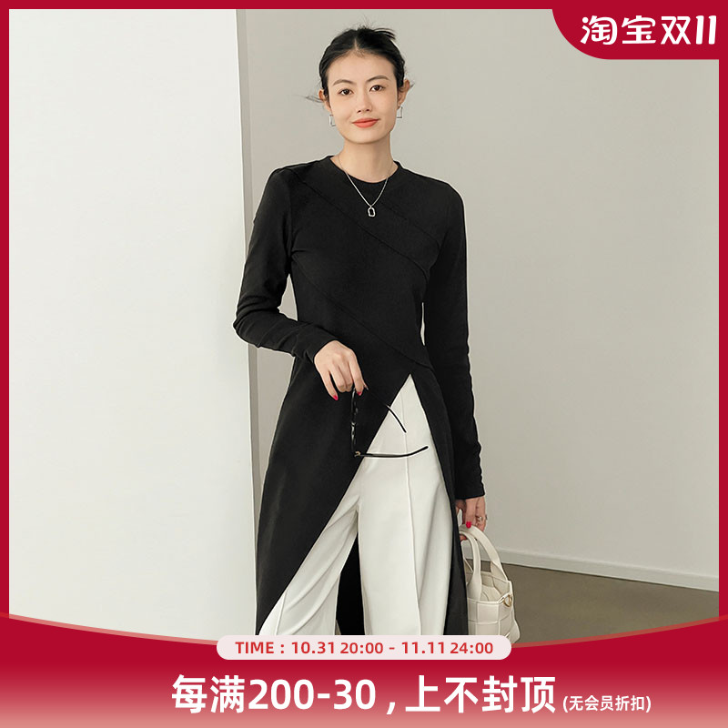 美洋MEIYANG【清仓特卖捡漏】艺术阶梯开叉裙 德绒不规则连衣裙