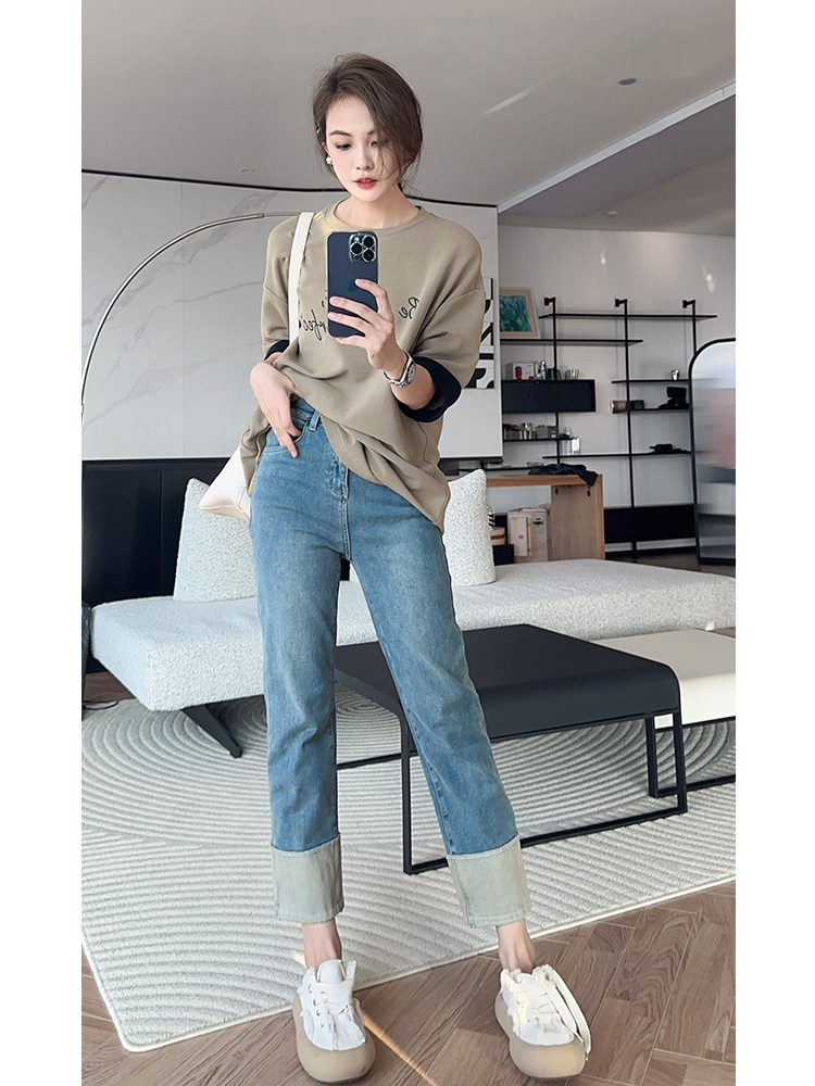 MEIYANG [50 SERIES SPOT] ROLL KING JEANS CONTRAST TURNED-UP FLEECE STRAIGHT CROPPED PANTS