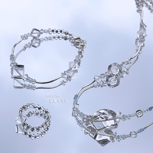 【融冰系列】原创天然白水晶海蓝宝纯银项链手链戒指送礼套装