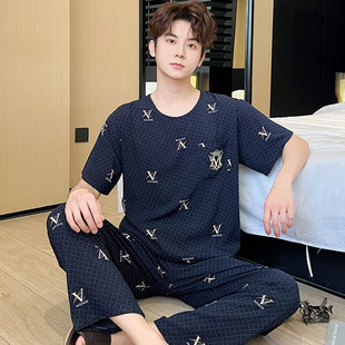 休闲可外穿睡衣套装春秋夏季男孩青年学生短袖薄款棉绸大码家居服
