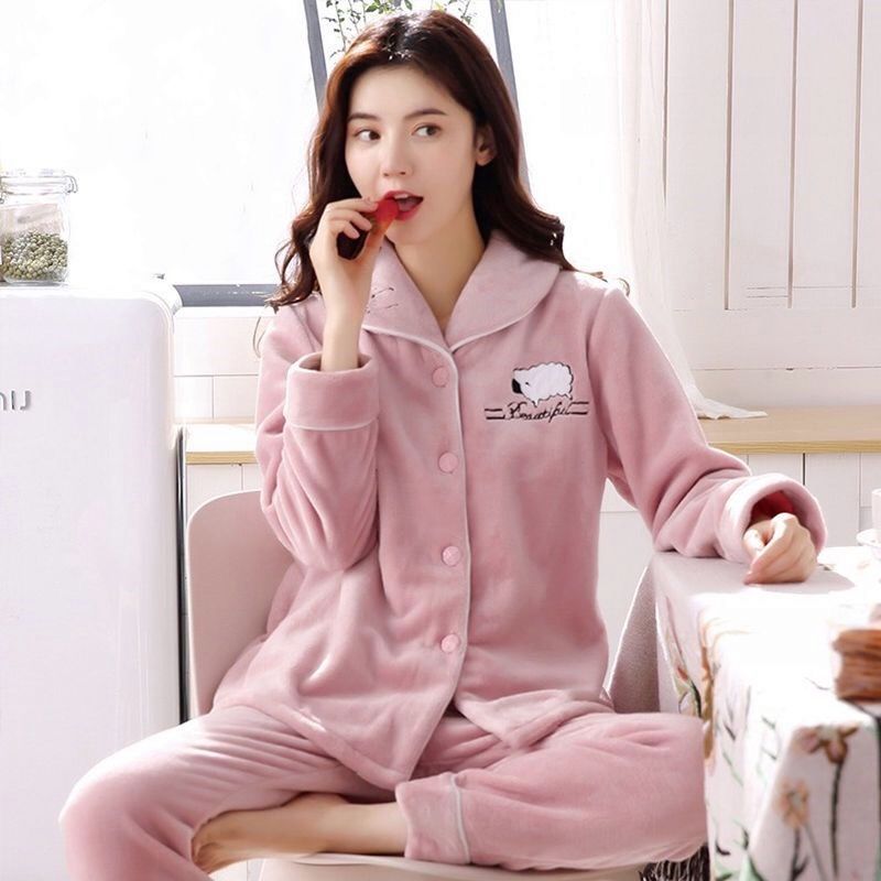 珊瑚绒睡衣女春秋季长袖开衫加肥加大码中老年加绒保暖睡衣秋冬季