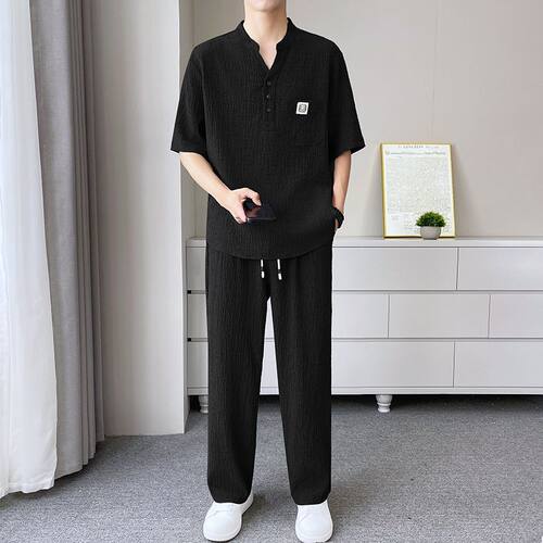 2026夏季冰丝男V领POLO套装