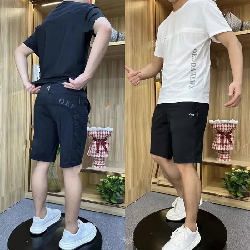 夏季薄款t恤短裤男士潮牌健身跑步速干牛奶丝透气休闲运动服套装