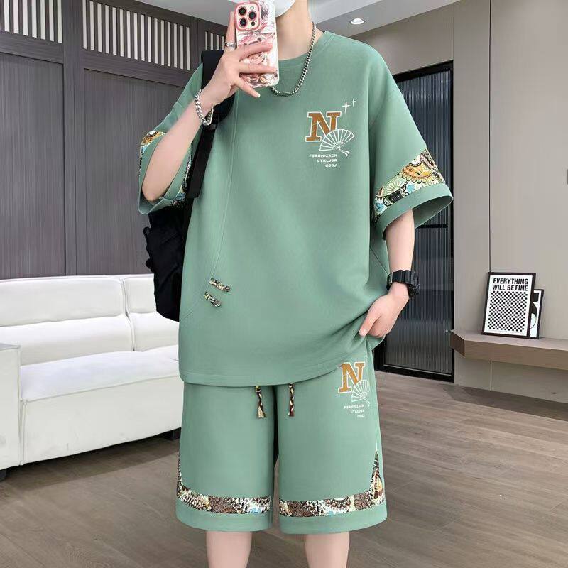 青少年夏季潮流宽松短袖短裤速干套装男装字母印花运动休闲两件套