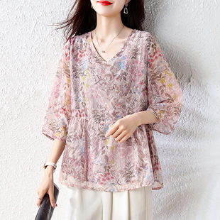 九月陌墨法式碎花七分袖雪纺衬衫女春夏2026新款大码胖MM复古上衣