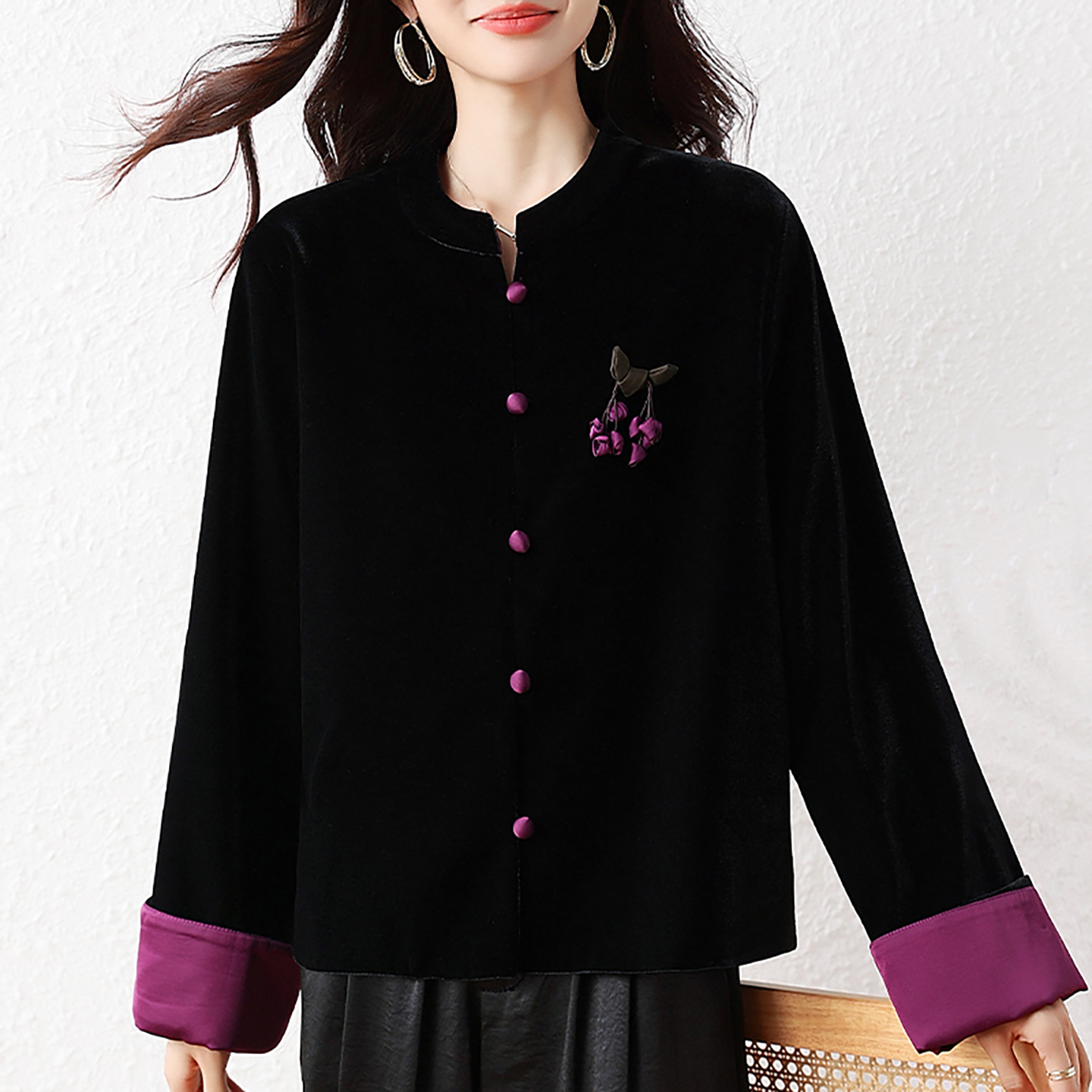 复古撞色金丝绒长袖外套女