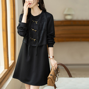 九月陌墨新中式国风假两件连衣裙女秋新款宽松显瘦大码盘扣拼接裙