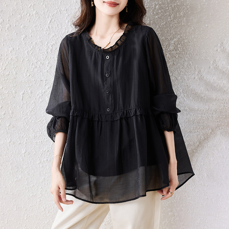 九月陌墨大码木耳边长袖雪纺衬衫女秋季新款宽松遮肚显瘦减龄上衣