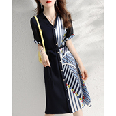 V领衬衫 中长款 裙潮 新款 九月陌墨条纹气质印花拼接a字连衣裙女夏季