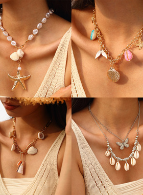 欧美跨境复古波西米亚珍珠贝壳项链 ins小众设计高级感锁骨链
