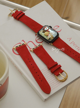 COSYACC 适用iwatch表带apple91011代se苹果红色绒面皮质手表带
