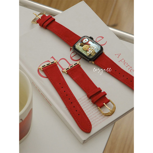 COSYACC 适用iwatch表带apple91011代se苹果红色绒面皮质手表带