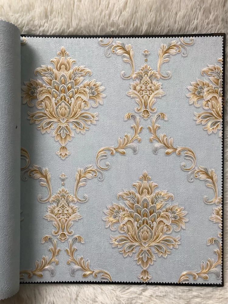 新款墨客三甲欧式大马士革3D立体深压纹蓝色客厅电视背景墙纸ab版