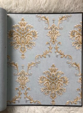 新款墨客三甲欧式大马士革3D立体深压纹蓝色客厅电视背景墙纸ab版