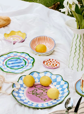 sort中国MIO NIDO海岛撞色手绘陶瓷餐具餐盘碟沙拉碗花瓶条纹波浪