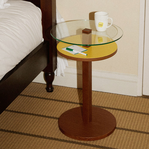 双层实木边几钢化玻璃小圆桌茶几