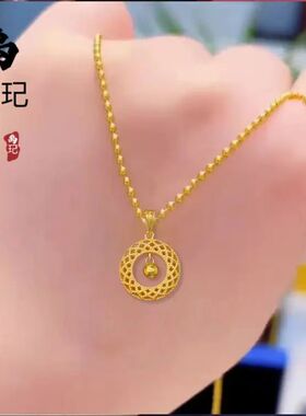 古法沙金新款吊珠平安扣吊坠女 铜镀金花丝镂空圆牌轻奢项链