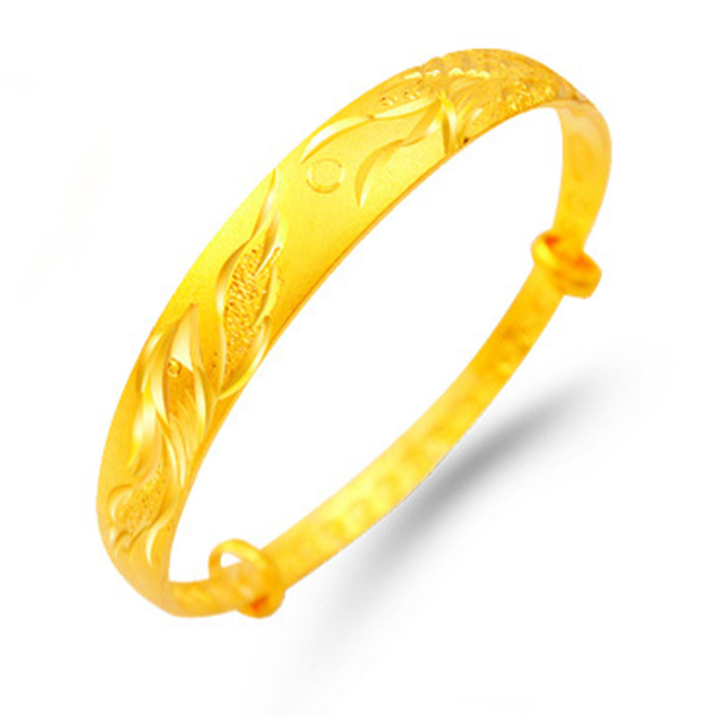 10mm绒沙金龙凤推拉手镯 女士车花手镯 铜镀24K金送长辈节日礼物