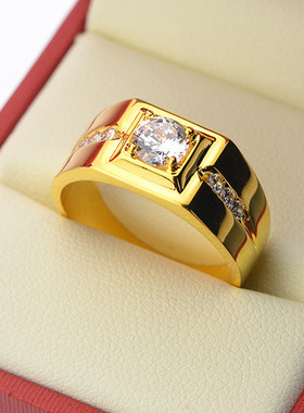 老板绅士气质镀24K黄金色戒指男士霸气开口戒指仿真钻戒活口指环