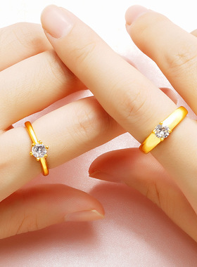 越南沙金锆石情侣戒指 铜镀999纯金开口男女对戒仿莫桑石指环