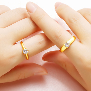 越南沙金锆石情侣戒指 铜镀999纯金开口男女对戒仿莫桑石指环