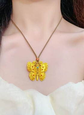 爆款古法沙金韦雪同款珐琅彩镂空花丝蝴蝶吊坠铜镀金蝴蝶项链