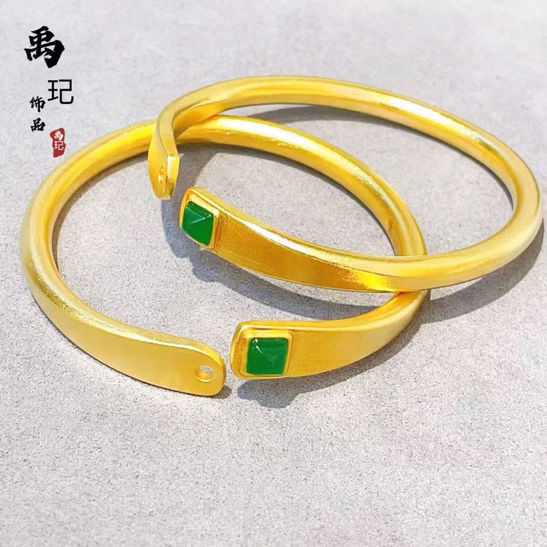 高保色越南沙金古法工艺镶嵌绿色玉石开口手镯女diy配饰手环