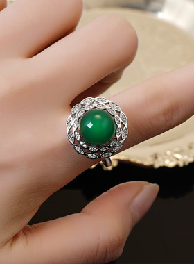 花型戒指女时尚个性简约小众设计镶嵌玉髓吊坠绿玉髓耳钉