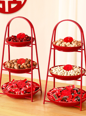 结婚果盘客厅专用红色糖果盘婚礼用的手提多层喜盘子婚庆用品大全