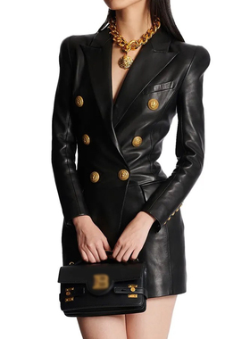 2025年春秋新款高级时尚简约气质修身显瘦女式PU皮西装裙连衣裙